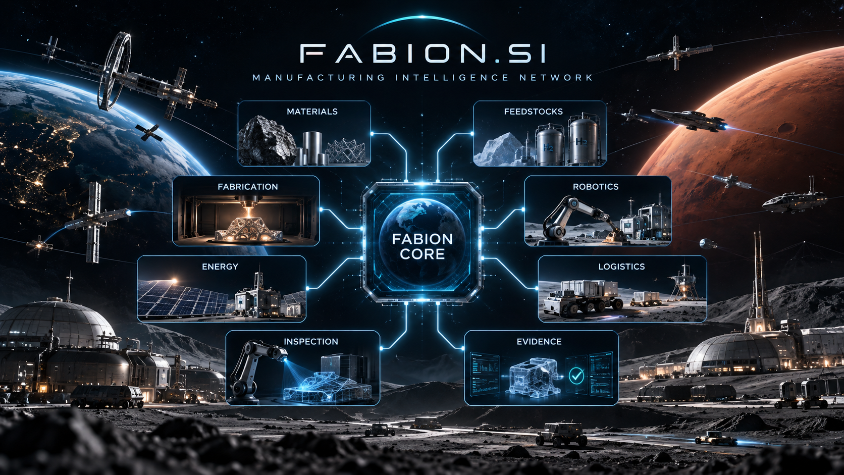 FABION manufacturing intelligence network connecting materials, feedstocks, fabrication, robotics, energy, logistics, inspection and evidence